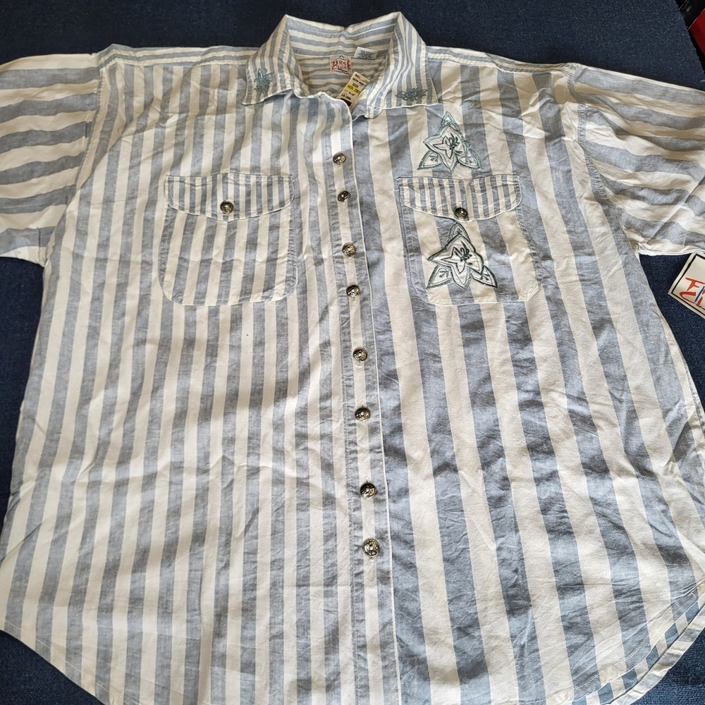 NWT First Class Vintage Striped Embroidered Button Down Shirt Blue White 18/20